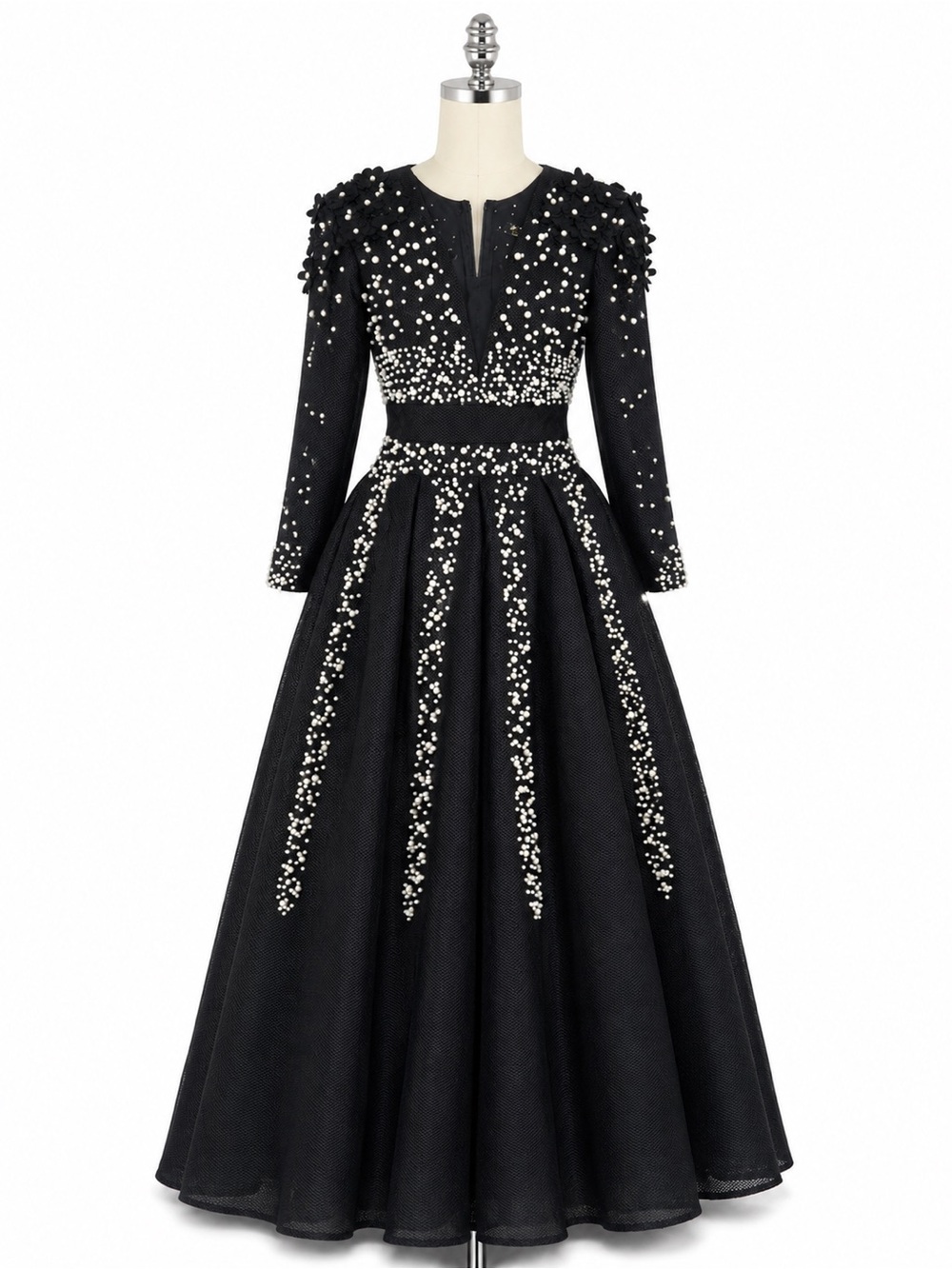 Black Pearl-Embellished Long Sleeve Evening Gown